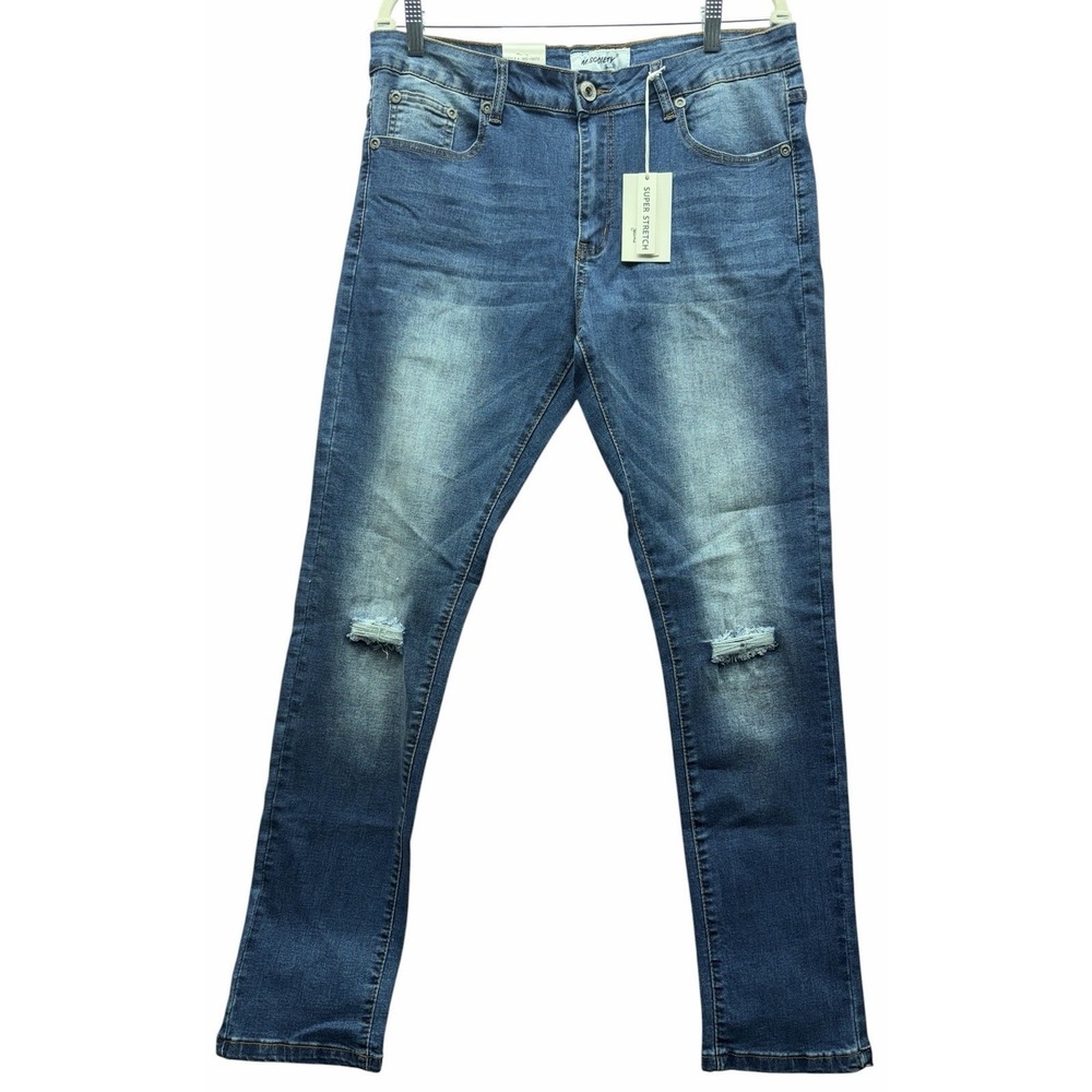 M Society Jeans‎ Mens 34x30 Skinny Fit Super Stretch Distressed Indigo NWT